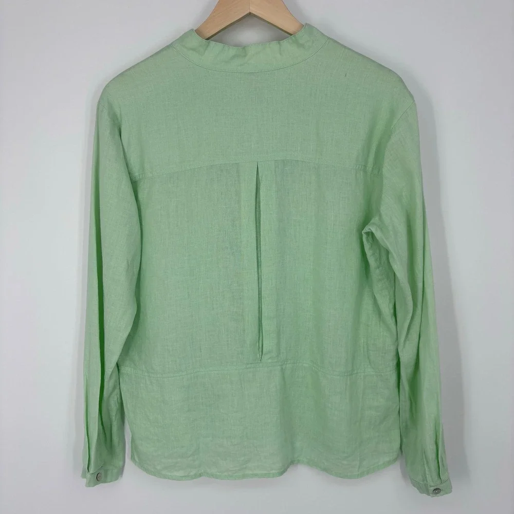 Sundance 100% Linen Split Neck Pullover Blouse Womens S Mint Green Pleated Back